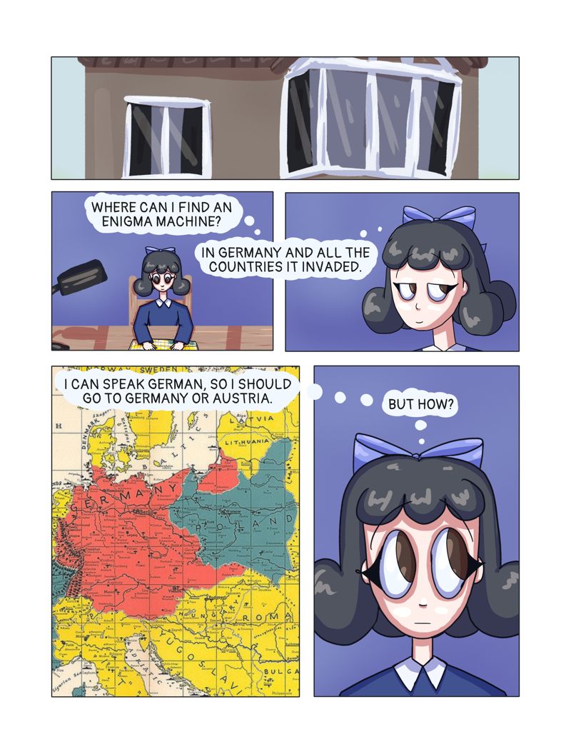 Allison is in her wartime home, sitting in the desk in her room, looking at a map of Europe. She thinks: Where can I find an Enigma machine? In Germany and all the countries it invaded. I can speak German, so I should go to Germany or Austria. But how?
